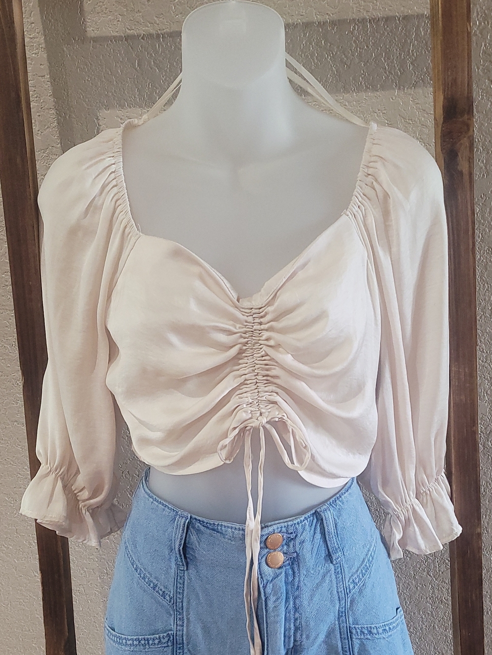 She + Sky Ruched Tie-Front Cropped Blouse in Light Cream